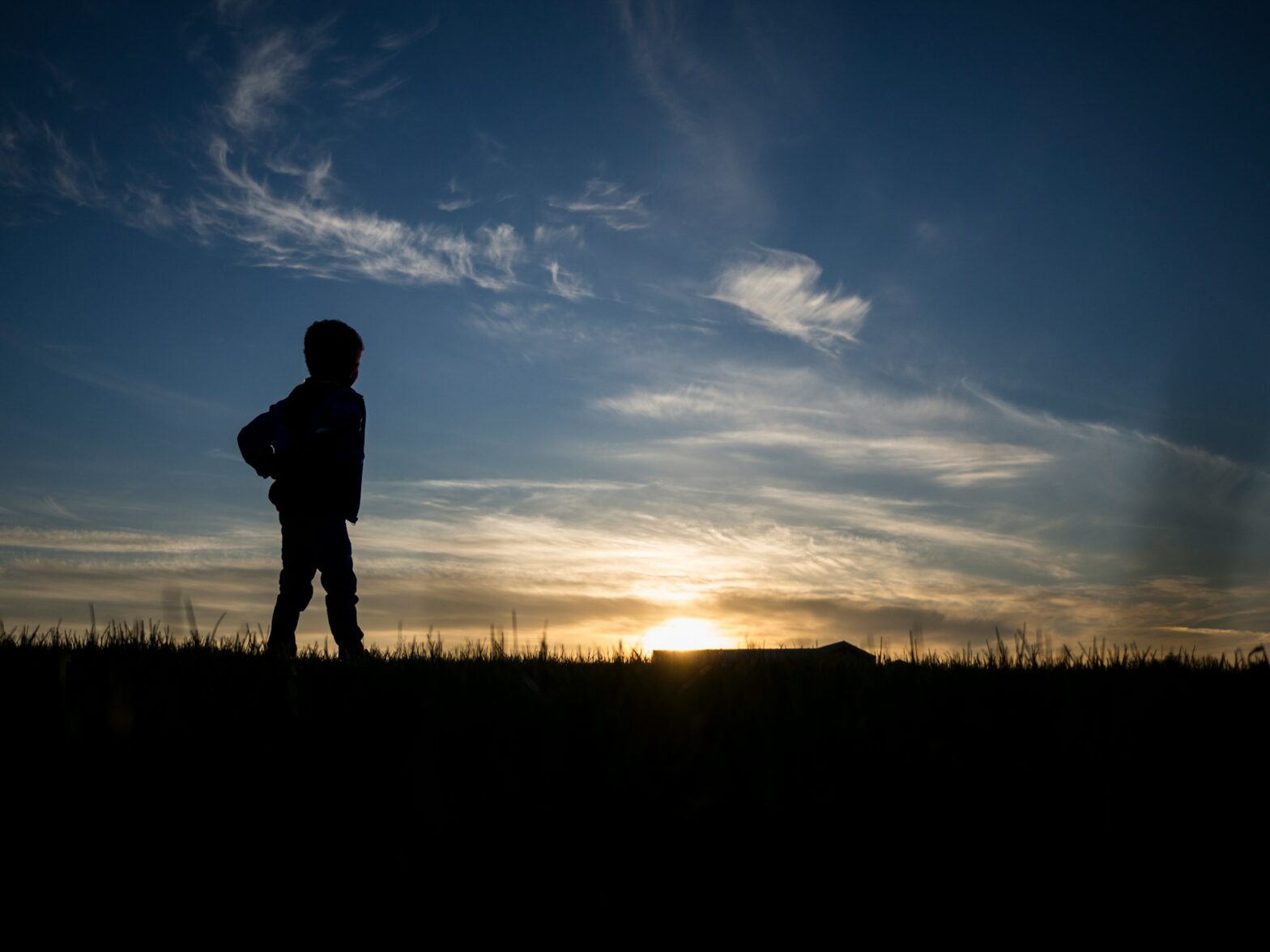 Un bambino osserva il tramonto immerso nella natura, simboleggiando il risveglio del potenziale umano e la connessione spirituale nell'educazione olistica.