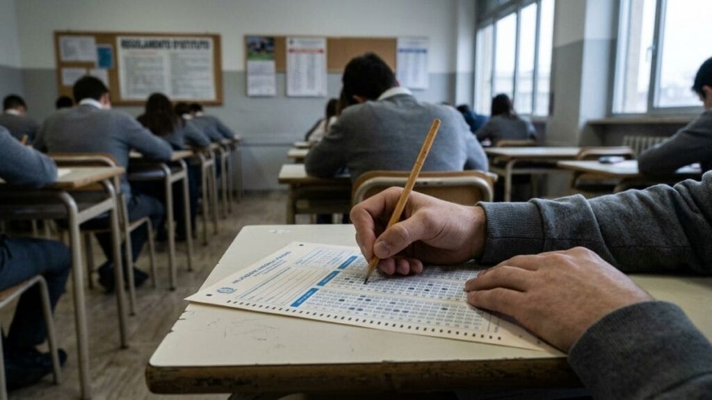 Fogli di test a risposta multipla e banchi scolastici allineati, simbolo della valutazione standardizzata che ignora la creatività